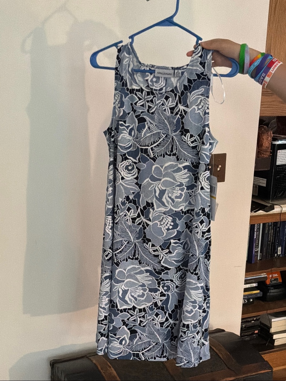 Nina Leonard Navy and White Floral Sleeveless Midi Dress